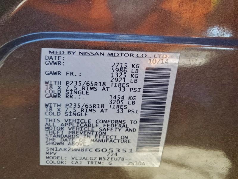 Photo 14 from auction – 2015 NISSAN PATHFINDER with VIN 5N1AR2MN8FC605351