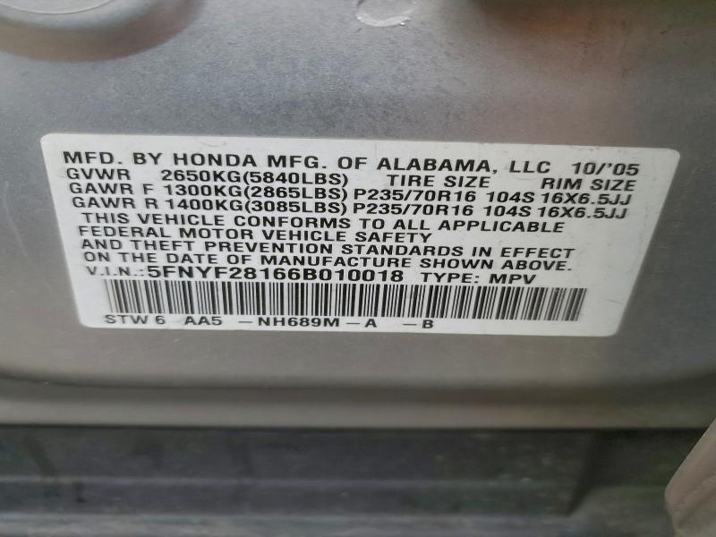 Photo 14 from auction – 2006 HONDA PILOT LX with VIN 5FNYF28166B010018