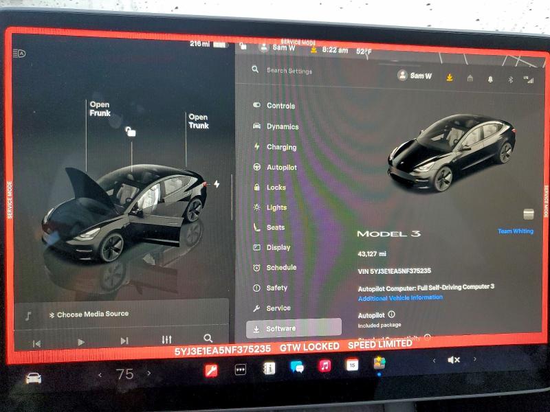 Photo 9 from auction – 2022 TESLA MODEL 3 with VIN 5YJ3E1EA5NF375235