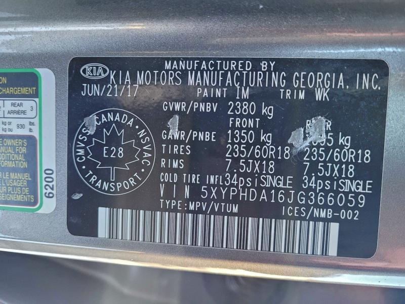 Photo 10 from auction – 2018 KIA SORENTO EX with VIN 5XYPHDA16JG366059