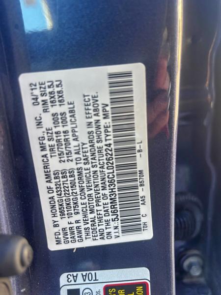 Photo 10 from auction – 2012 HONDA CR-V LX with VIN 5J6RM3H36CL026224