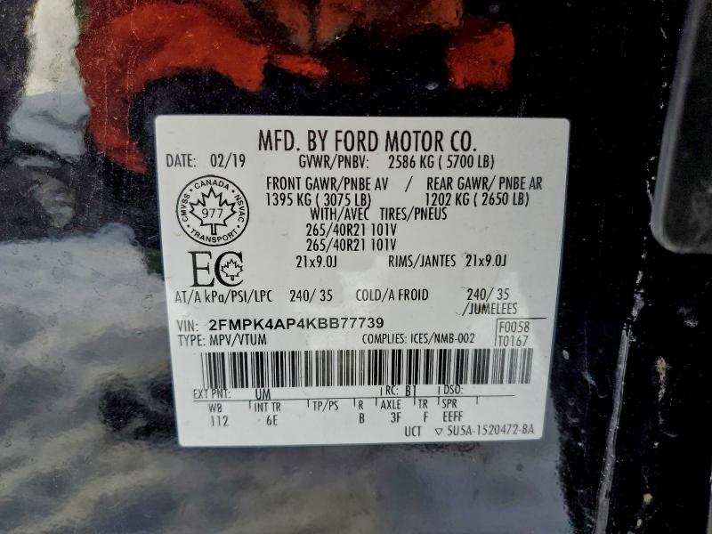 Photo 14 from auction – 2019 FORD EDGE ST with VIN 2FMPK4AP4KBB77739