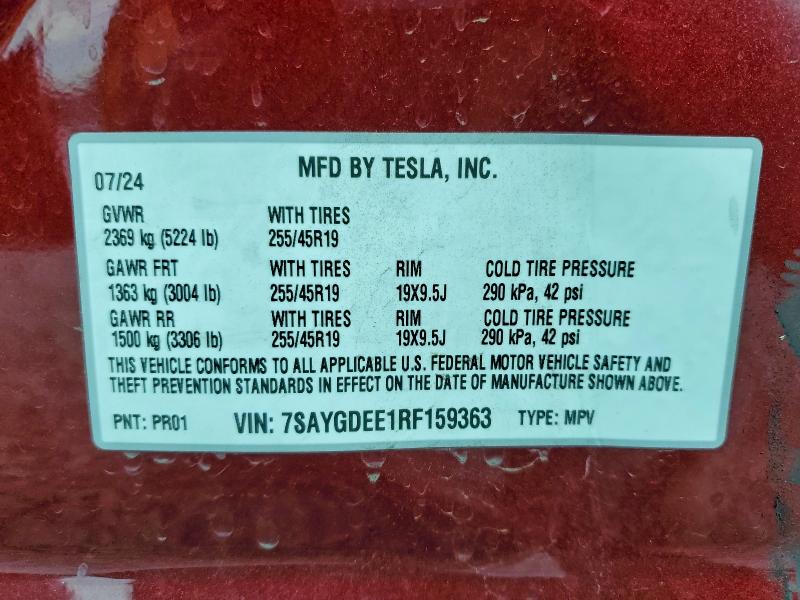 Photo 14 from auction – 2024 TESLA MODEL Y with VIN 7SAYGDEE1RF159363