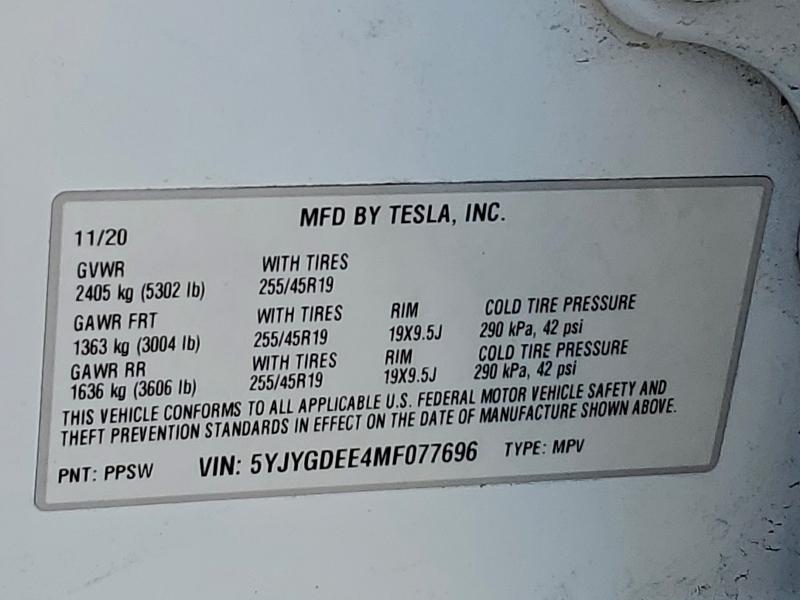 Photo 14 from auction – 2021 TESLA MODEL Y with VIN 5YJYGDEE4MF077696