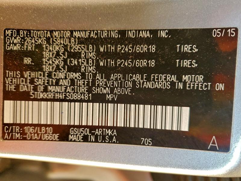 Photo 14 from auction – 2015 TOYOTA HIGHLANDER with VIN 5TDKKRFH4FS088481