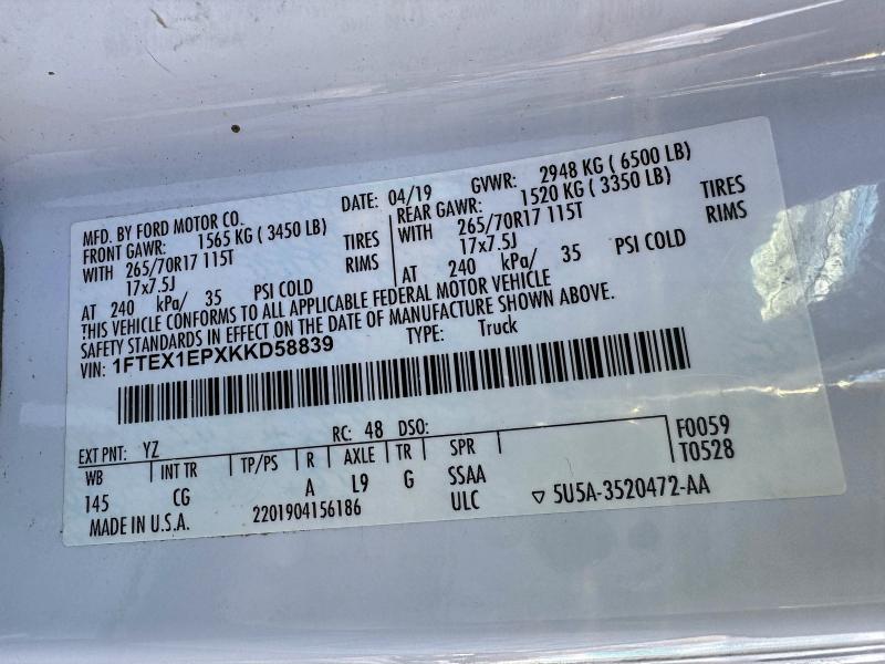 Photo 10 from auction – 2019 FORD F150 SUPER with VIN 1FTEX1EPXKKD58839