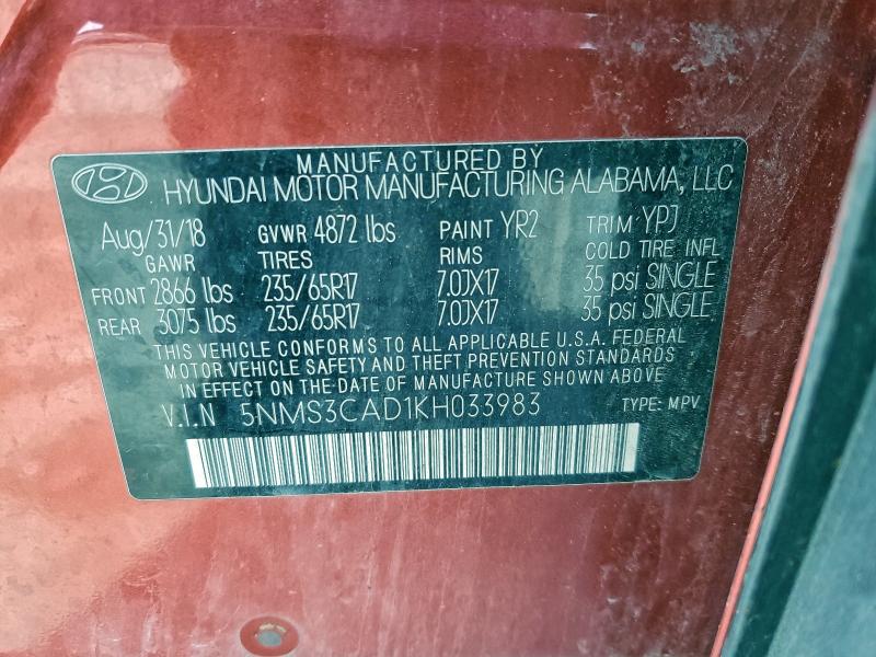 Photo 14 from auction – 2019 HYUNDAI SANTA FE S with VIN 5NMS3CAD1KH033983