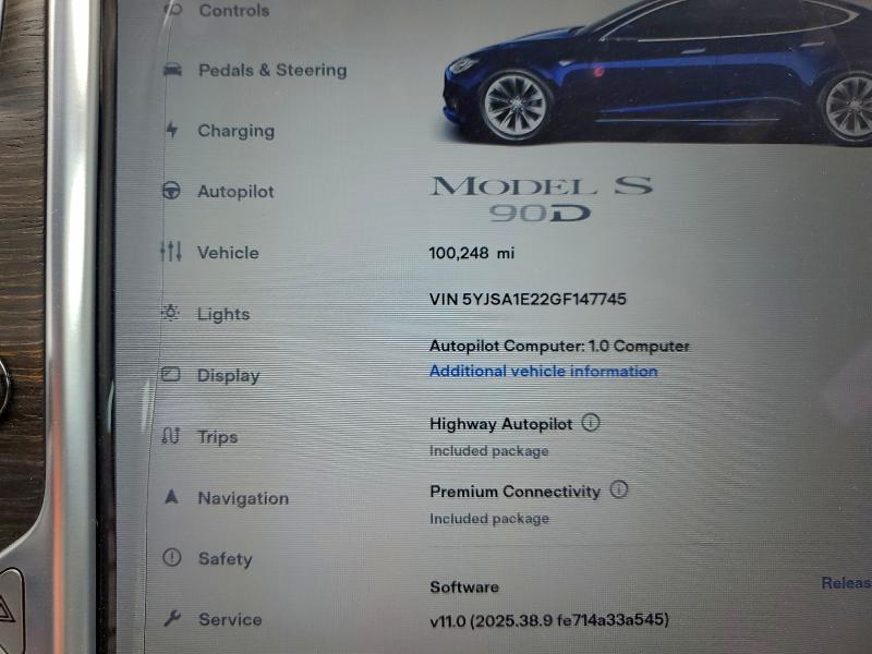 Photo 9 from auction – 2016 TESLA MODEL S with VIN 5YJSA1E22GF147745