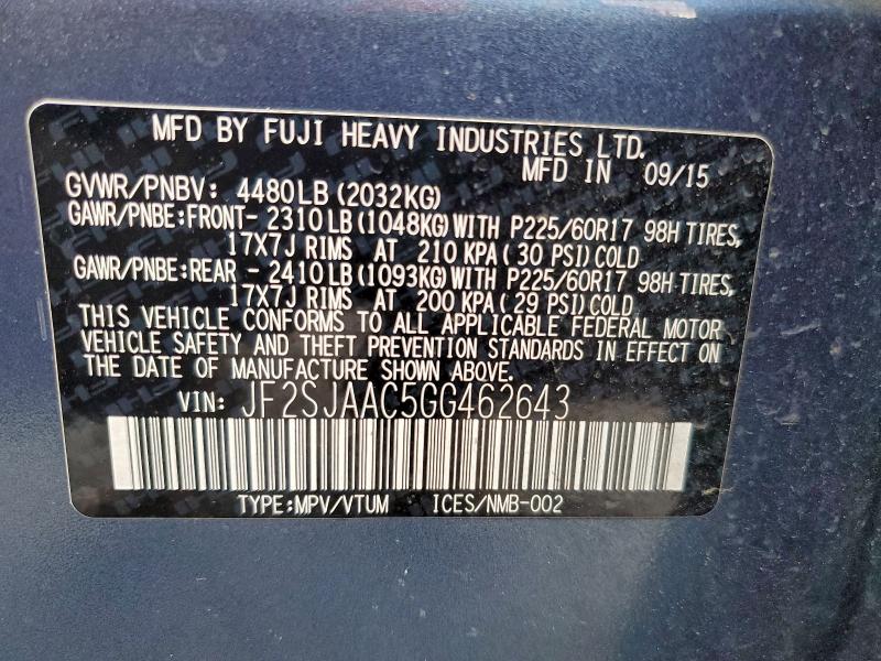Photo 14 from auction – 2016 SUBARU FORESTER 2 with VIN JF2SJAAC5GG462643
