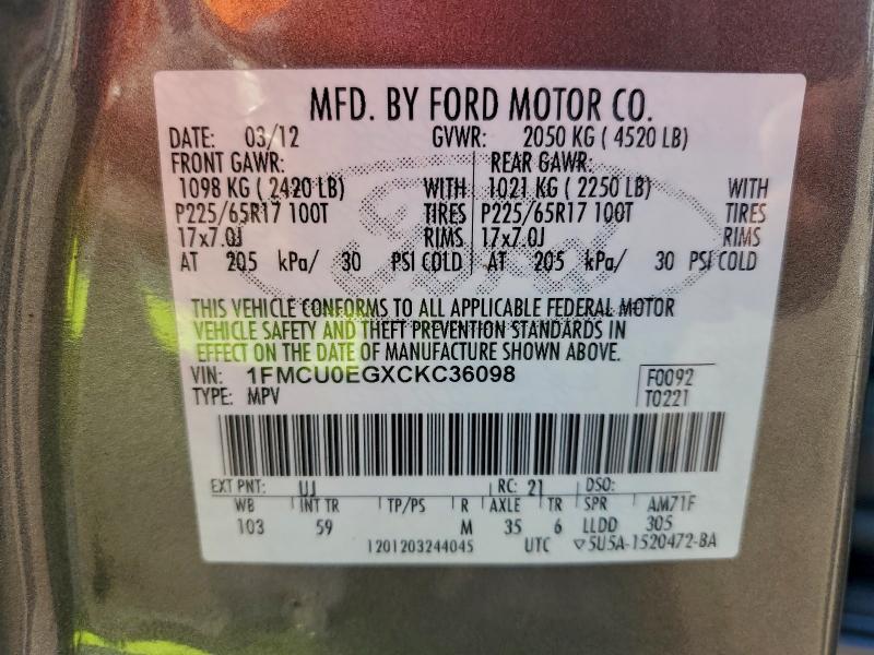 Photo 14 from auction – 2012 FORD ESCAPE LIM with VIN 1FMCU0EGXCKC36098