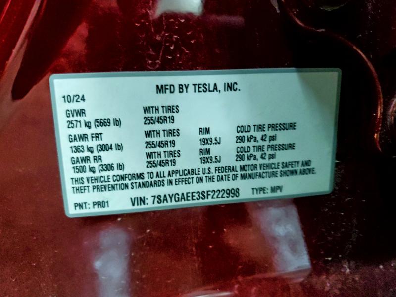 Photo 14 from auction – 2025 TESLA MODEL Y with VIN 7SAYGAEE3SF222998