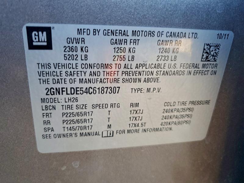 Photo 14 from auction – 2012 CHEVROLET EQUINOX LT with VIN 2GNFLDE54C6187307
