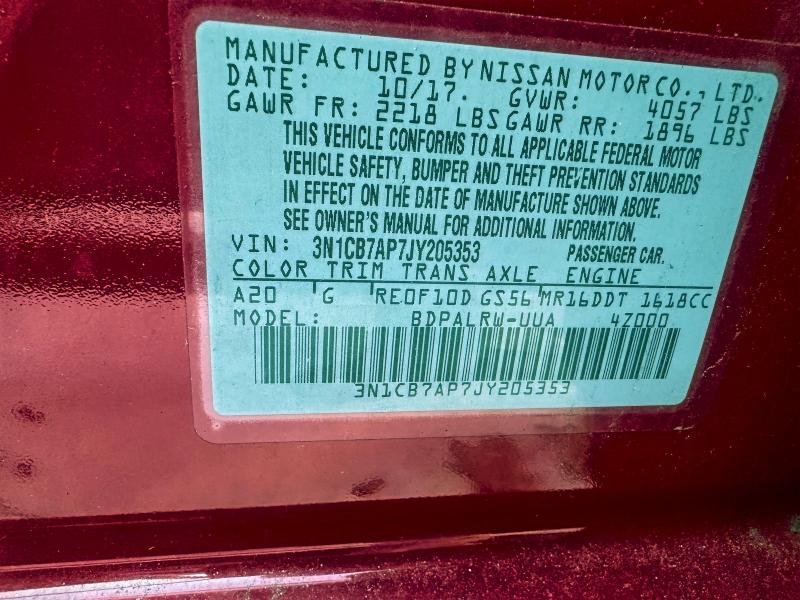 Photo 10 from auction – 2018 NISSAN SENTRA SR with VIN 3N1CB7AP7JY205353