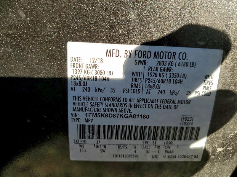 Photo 14 from auction – 2019 FORD EXPLORER X with VIN 1FM5K8D87KGA81180