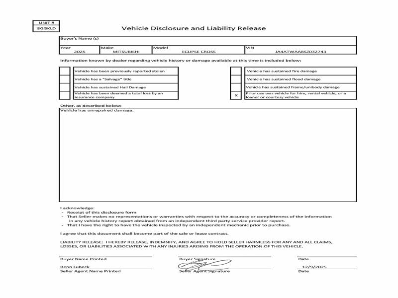 Photo 12 from auction – 2025 MITSUBISHI ECLIPSE CR with VIN JA4ATWAA8SZ032743