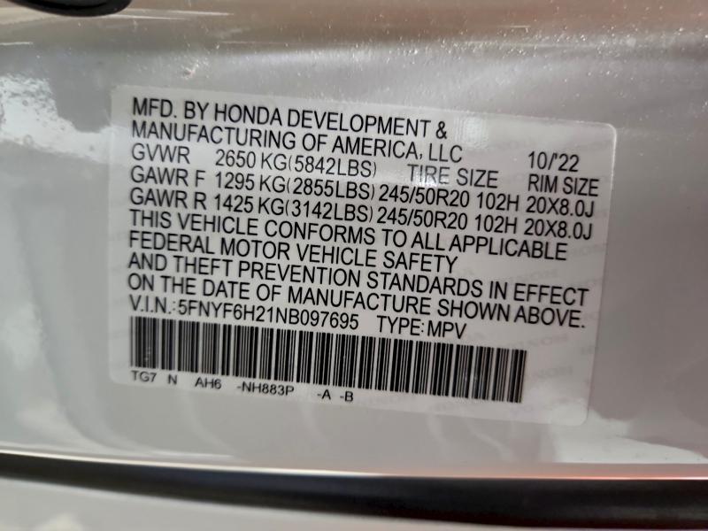 Photo 14 from auction – 2022 HONDA PILOT SE with VIN 5FNYF6H21NB097695