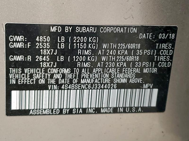 صورة رقم 14 من المزاد - 2018 SUBARU OUTBACK 3. مع VIN 4S4BSENC6J3344026