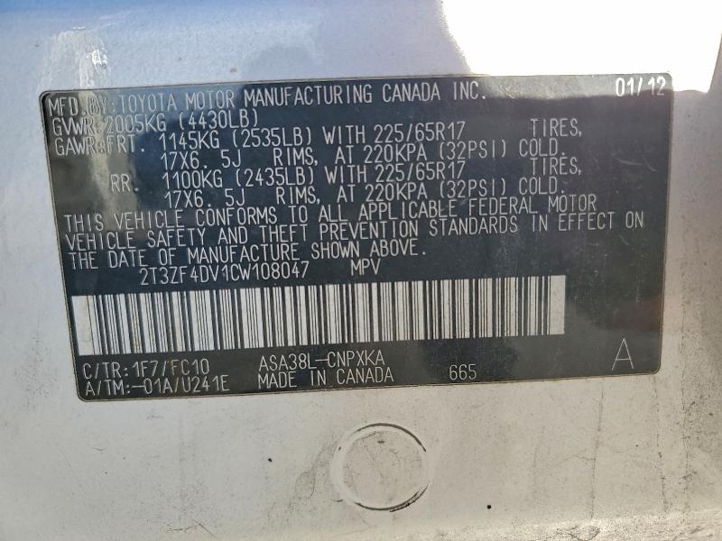 Photo 14 from auction – 2012 TOYOTA RAV4 with VIN 2T3ZF4DV1CW108047