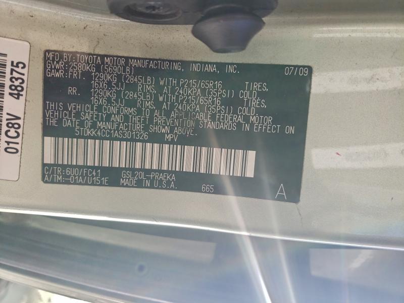 Photo 14 from auction – 2010 TOYOTA SIENNA CE with VIN 5TDKK4CC1AS301326