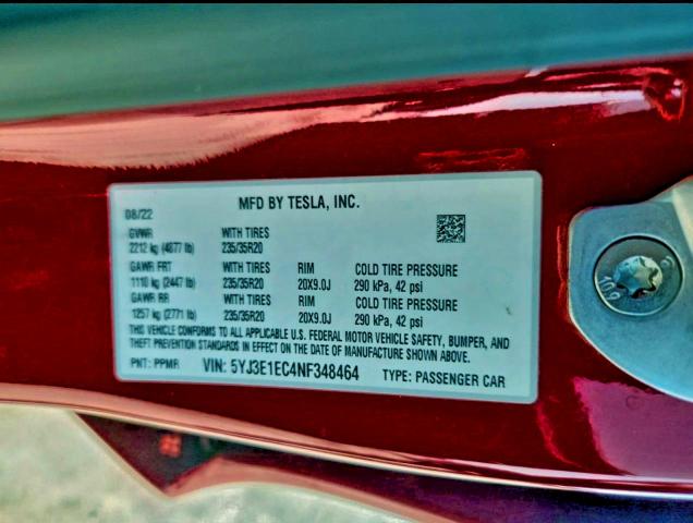 Photo 10 from auction – 2022 TESLA MODEL 3 with VIN 5YJ3E1EC4NF348464