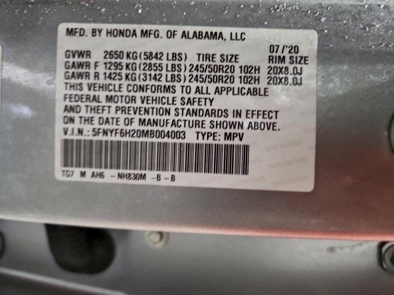 Photo 14 from auction – 2021 HONDA PILOT SE with VIN 5FNYF6H20MB004003