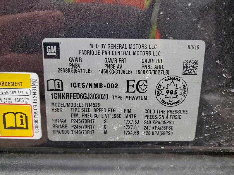 Photo 14 from auction – 2016 CHEVROLET TRAVERSE L with VIN 1GNKRFED6GJ303020