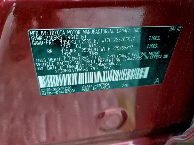 Photo 14 from auction – 2017 TOYOTA RAV4 XLE with VIN 2T3RFREV7HW549149