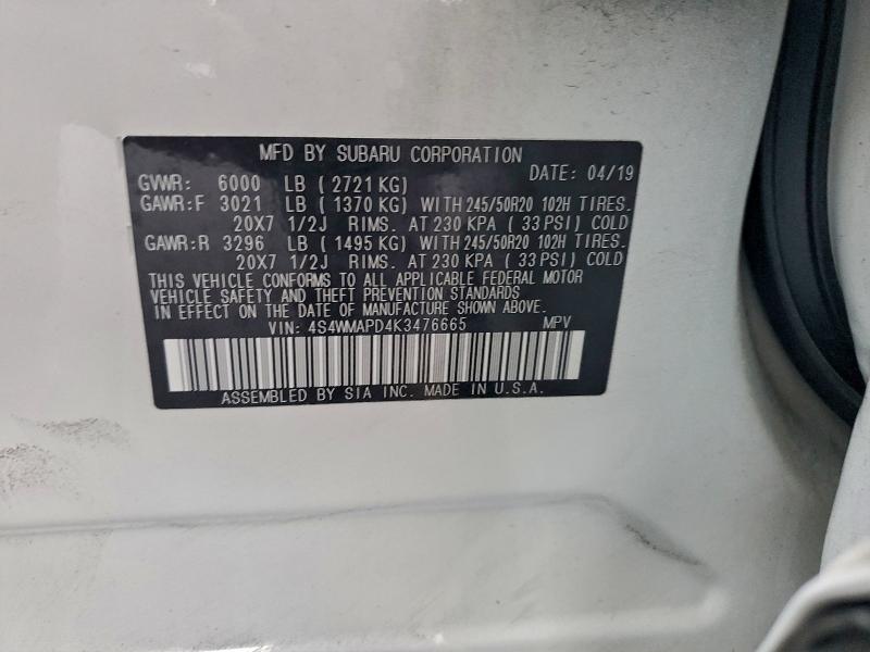 Photo 14 from auction – 2019 SUBARU ASCENT LIM with VIN 4S4WMAPD4K3476665