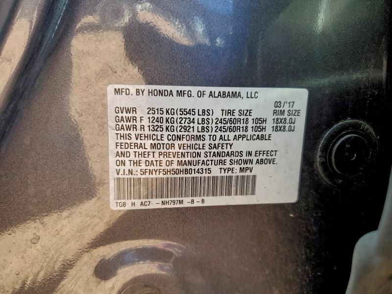 Photo 14 from auction – 2017 HONDA PILOT EXL with VIN 5FNYF5H50HB014315