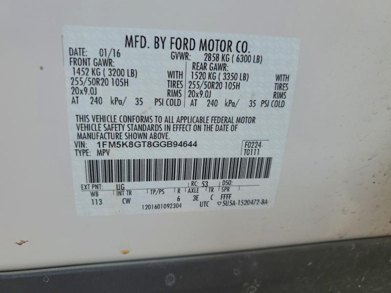 Zdjęcie 14 z aukcji – 2016 FORD EXPLORER S z VIN 1FM5K8GT8GGB94644