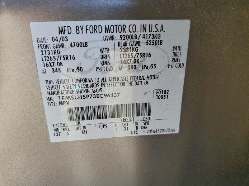 Photo 14 from auction – 2003 FORD EXCURSION with VIN 1FMSU45P73EC96437