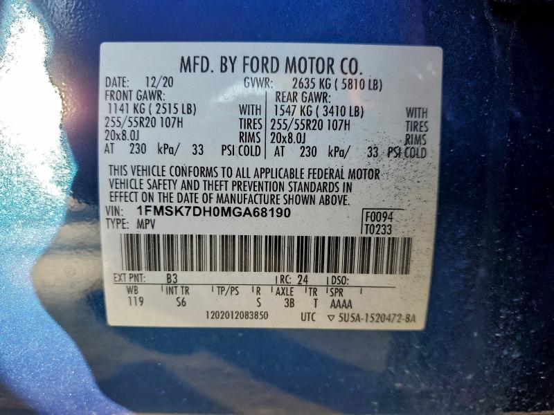Photo 14 from auction – 2021 FORD EXPLORER X with VIN 1FMSK7DH0MGA68190