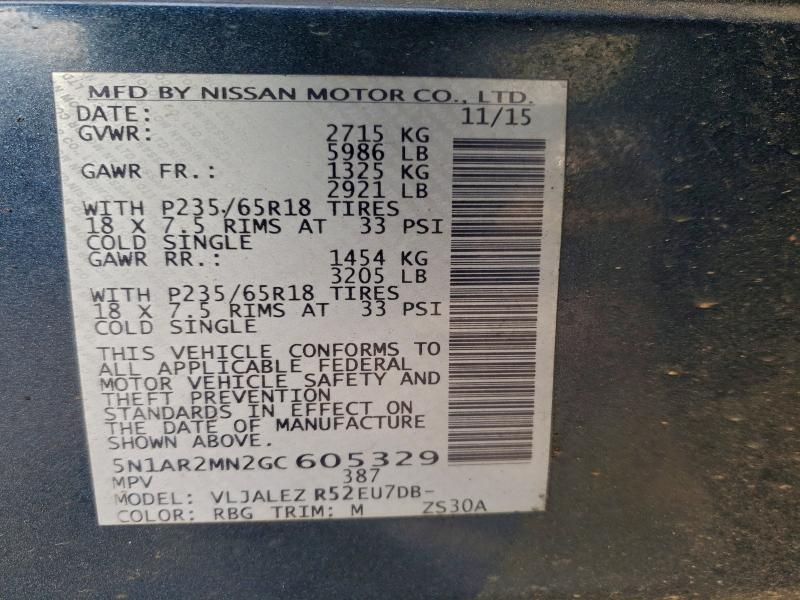 Photo 14 from auction – 2016 NISSAN PATHFINDER with VIN 5N1AR2MN2GC605329