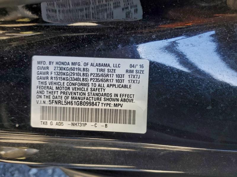 Photo 14 from auction – 2016 HONDA ODYSSEY EX with VIN 5FNRL5H61GB099847