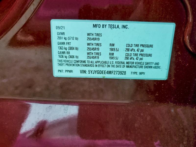 Photo 14 from auction – 2021 TESLA MODEL Y with VIN 5YJYGDEE4MF273928