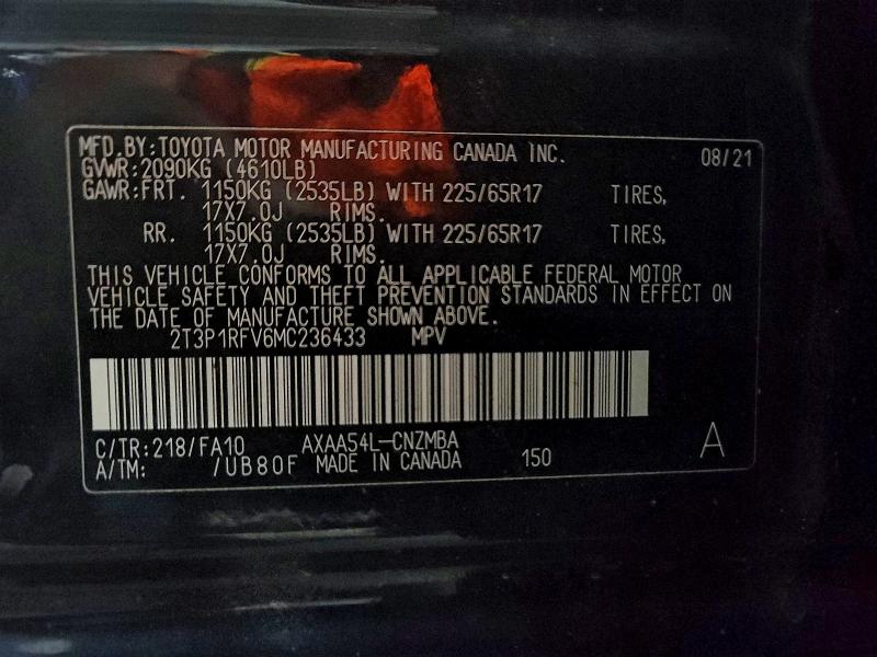 Photo 14 from auction – 2021 TOYOTA RAV4 XLE with VIN 2T3P1RFV6MC236433