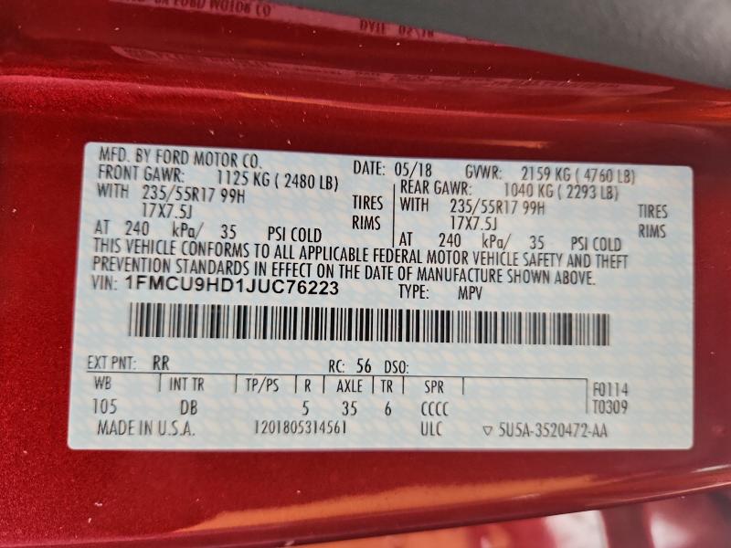 Photo 14 from auction – 2018 FORD ESCAPE SEL with VIN 1FMCU9HD1JUC76223