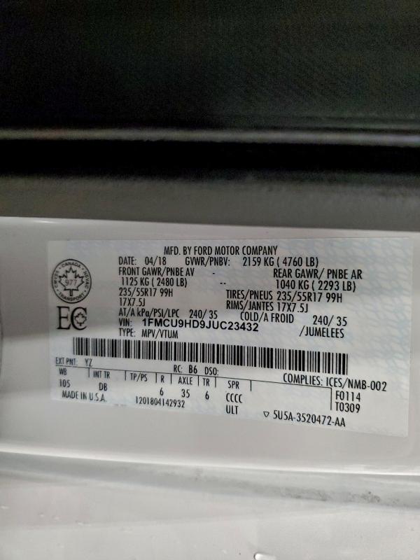 Photo 14 from auction – 2018 FORD ESCAPE SEL with VIN 1FMCU9HD9JUC23432