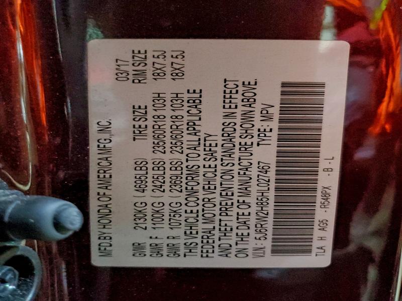 Photo 14 from auction – 2017 HONDA CR-V EXL with VIN 5J6RW2H85HL027467