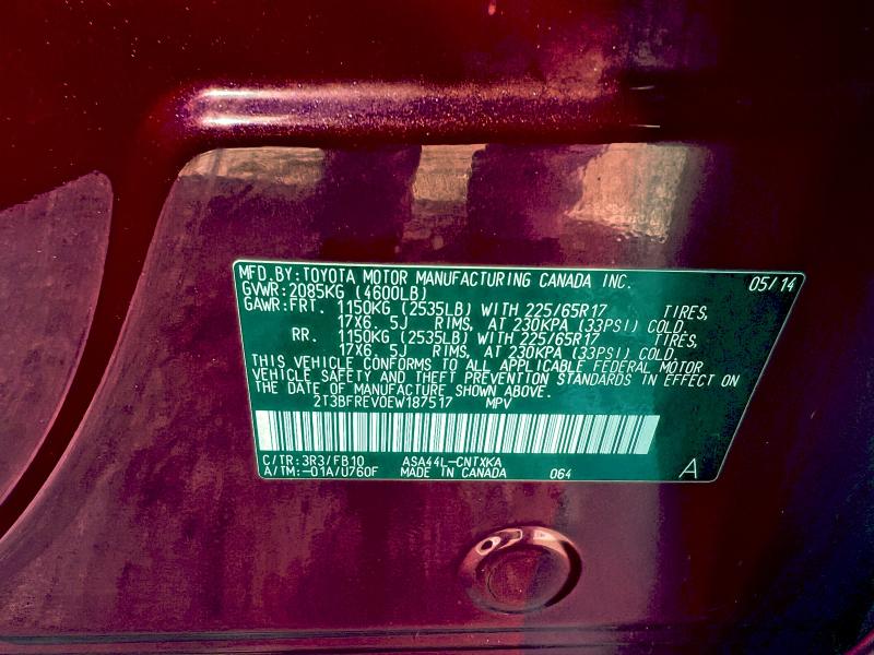 Photo 10 from auction – 2014 TOYOTA RAV4 LE with VIN 2T3BFREV0EW187517