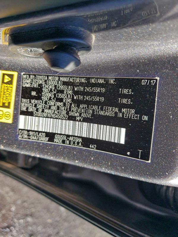 Photo 14 from auction – 2017 TOYOTA HIGHLANDER with VIN 5TDDZRFH7HS450522