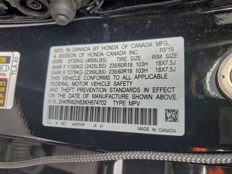 Photo 14 from auction – 2019 HONDA CR-V EX with VIN 2HKRW2H53KH674702