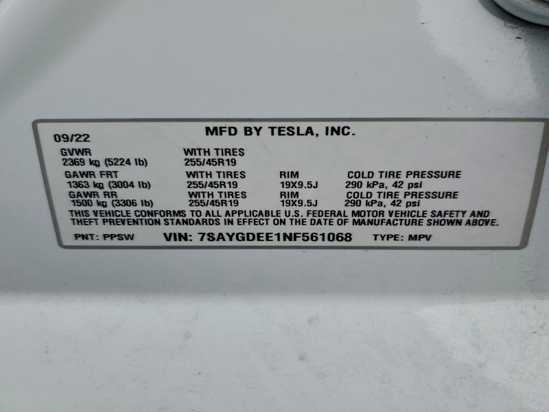 Photo 14 from auction – 2022 TESLA MODEL Y with VIN 7SAYGDEE1NF561068