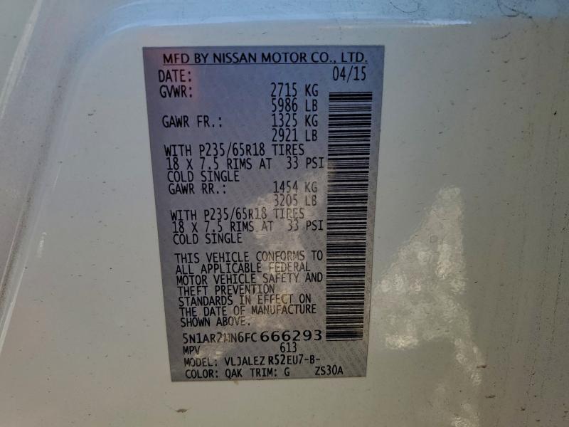 Photo 14 from auction – 2015 NISSAN PATHFINDER with VIN 5N1AR2MN6FC666293