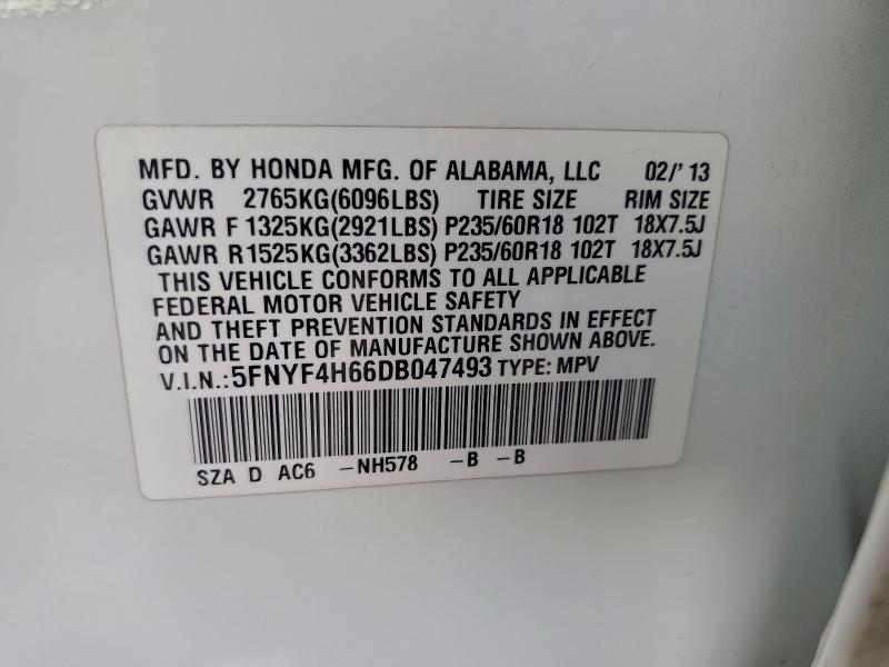 Photo 14 from auction – 2013 HONDA PILOT EXL with VIN 5FNYF4H66DB047493