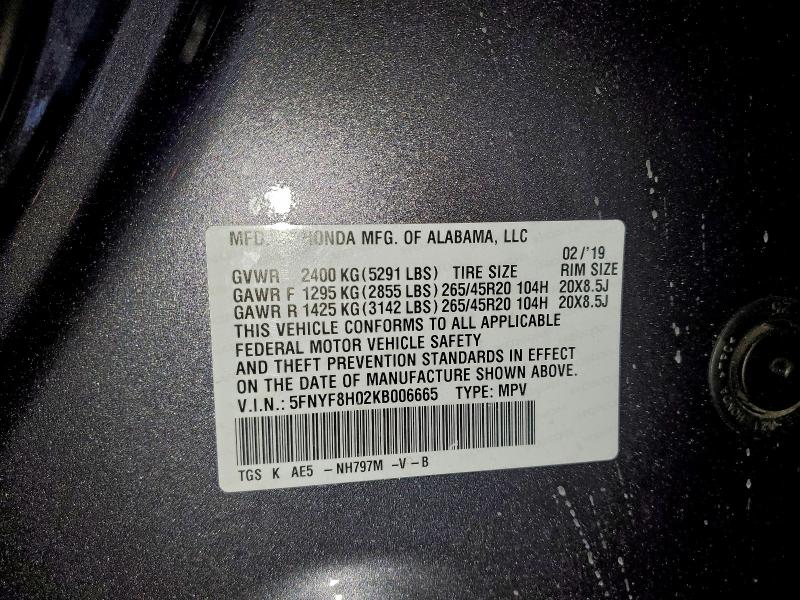 Photo 14 from auction – 2019 HONDA PASSPORT E with VIN 5FNYF8H02KB006665