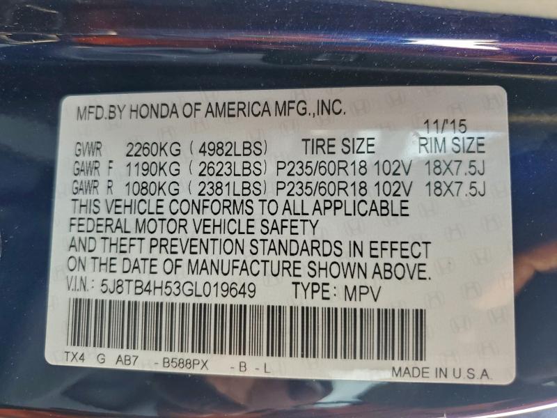 Photo 14 from auction – 2016 ACURA RDX TECHNO with VIN 5J8TB4H53GL019649