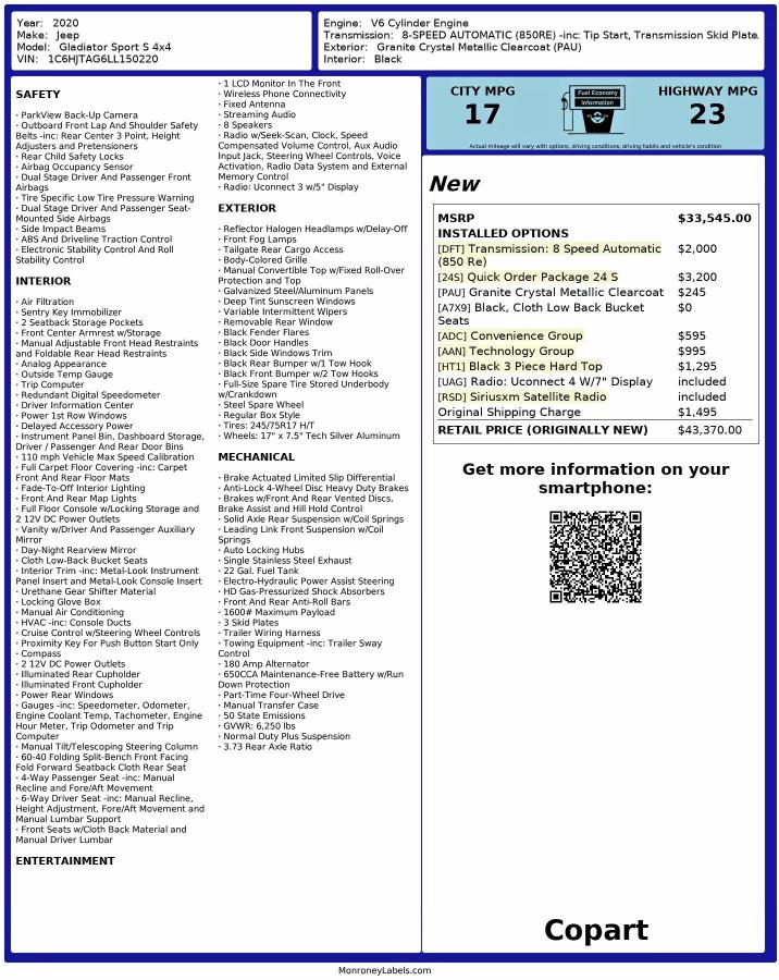 Photo 10 from auction – 2020 JEEP GLADIATOR with VIN 1C6HJTAG6LL150220