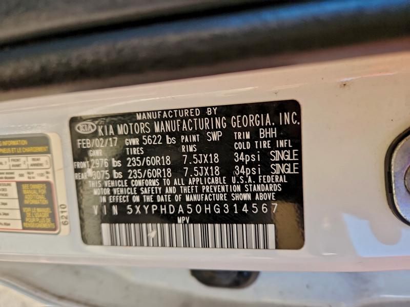 Photo 14 from auction – 2017 KIA SORENTO EX with VIN 5XYPHDA50HG314567