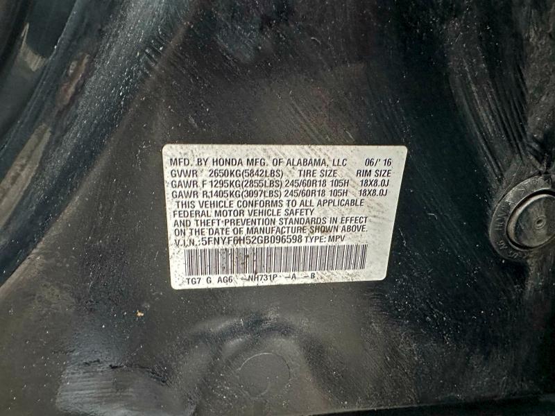 Photo 10 from auction – 2016 HONDA PILOT EXL with VIN 5FNYF6H52GB096598